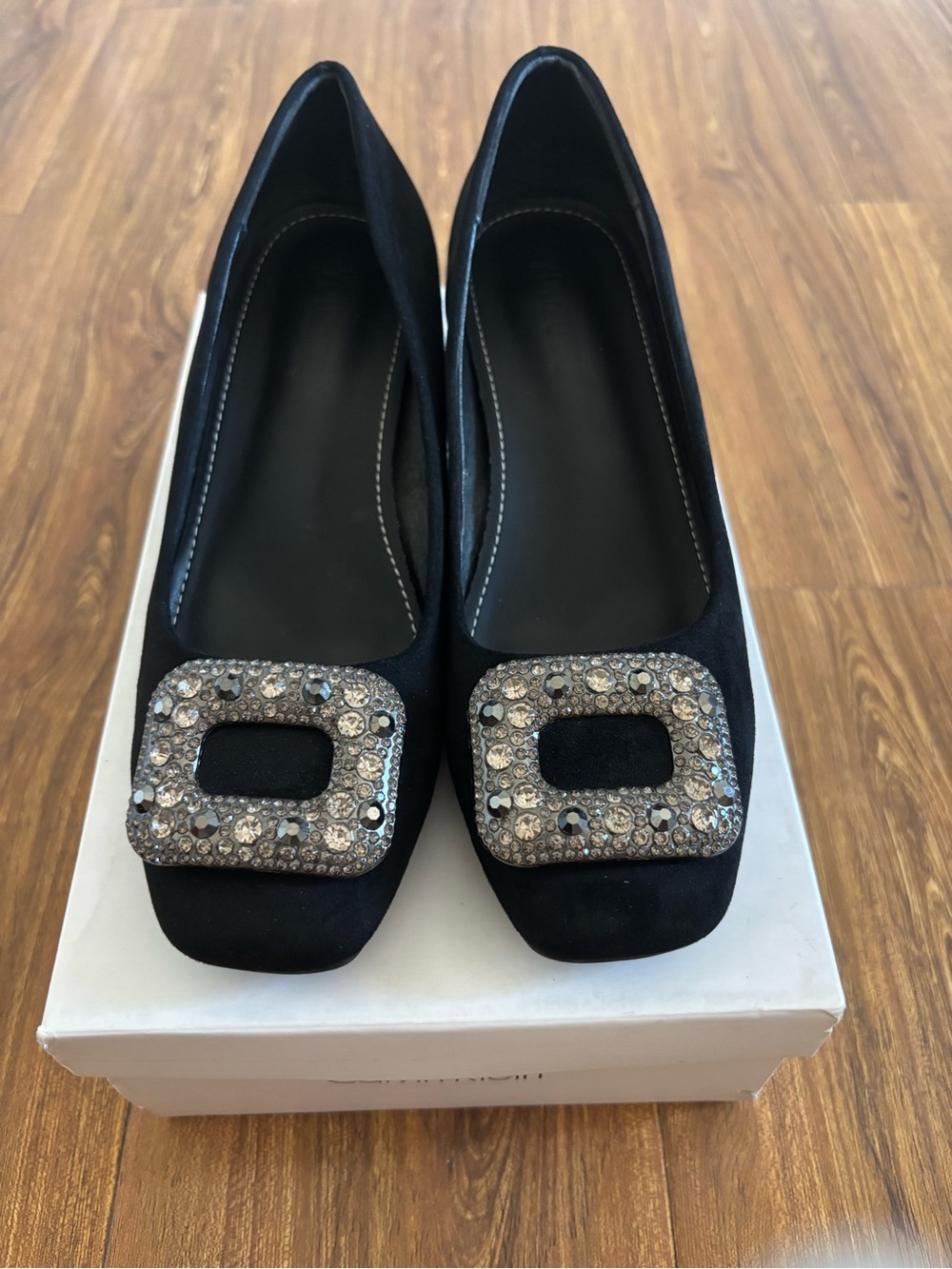 Women's Black Suede Embellished Square-Toe Flats